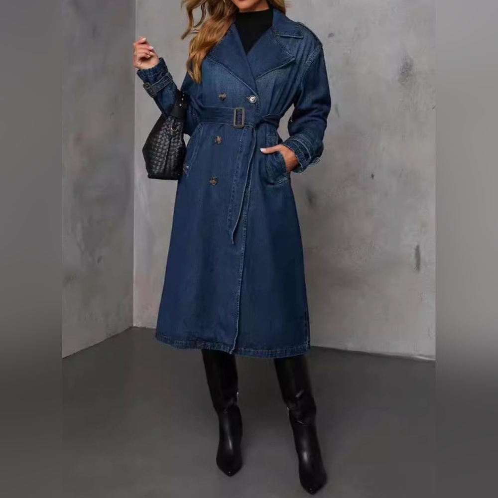 Denim Trench Coat Double Breasted Button-Up Collared Longline Belt Jean Jacket